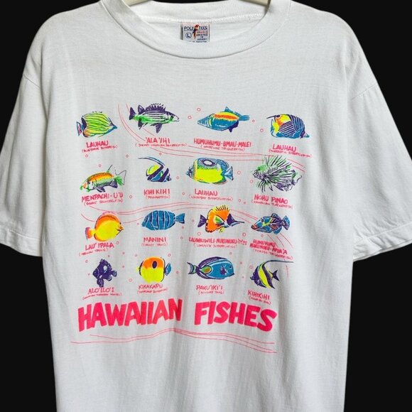 80s 90s vintage Hawaiian Fishes t-shirt single stitch Poly Tees Hawaii neon. - Picture 6 of 9